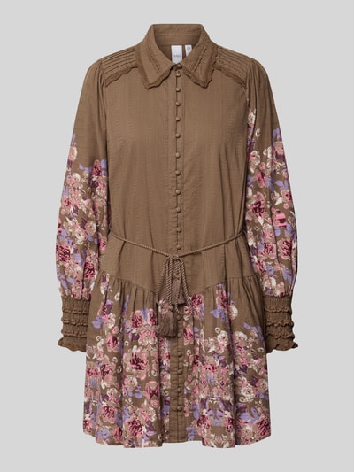 Produktfoto, Hemdblusenkleid mit Bindegürtel Modell 'SOMELLU' von YAS aus reiner Baumwolle in Braun mit floralen Prints, Knopfleiste, A-Linie, Minilänge, strukturierte Textur