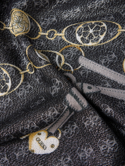 Produktfoto, 'Tuch aus Viskose-Mix mit Logo-Detail' von Guess, kolor ciemnoszary, wzór z motywem i logo, Mieszanka wiskozy, Prostokątny kształt, nadruk z motywem, detal z logo, Szerokość w rozmiarze 1: 184 cm, Długość w rozmiarze 1: 71 cm