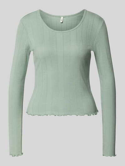 Produktfoto, Slim Fit Langarmshirt aus Bio-Baumwoll-Mix Modell 'TENNA LIFE' von ONLY, Optik: Unifarben, feines Lochstrickmuster, U-Boot-Ausschnitt, langarm, Frill an Ärmel- und Rumpfabschluss, Feinstrick, zartgrün