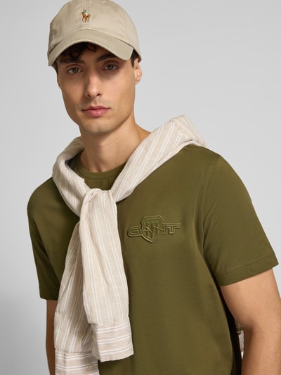 Gant Regular fit T-shirt met labelstitching en ronde hals Olijfgroen - 3