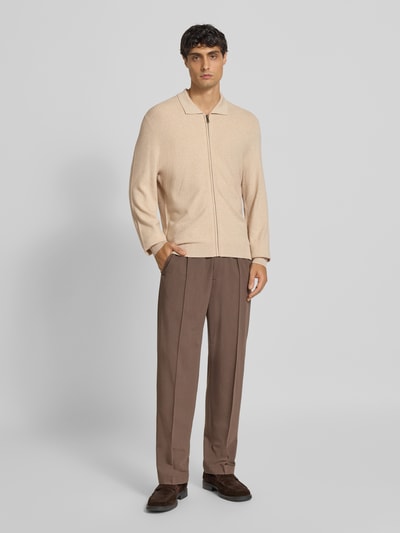 MCNEAL Slim fit gebreid jack van viscosemix met platte kraag Zand gemêleerd - 1