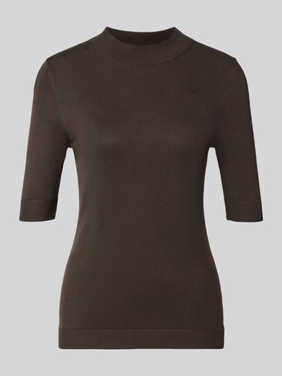 Produktfoto, Slim Fit Bluse aus Viskose-Mix in Strick-Optik von COMMA, braun, Feinstrick, kurzärmelig, Stehkragen, schlichte Struktur
