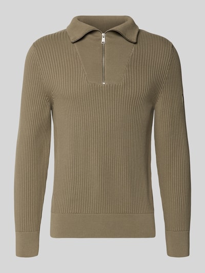 Produktfoto, Regular Fit Troyer aus reiner Baumwolle von Marc O'Polo in Optik: Unifarben, Rippstrick, mit kurzem Reißverschluss, Label-Patch, Langarm, gerippte Abschlüsse