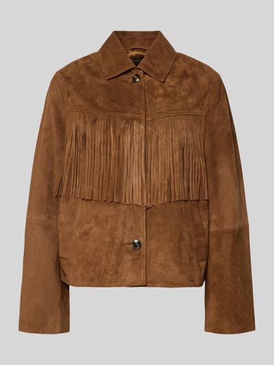 Produktfoto, Lederjacke aus Ziegenvelours mit Fransen von Jake*s Casual, brauner Velours, Umlegekragen, Regular Fit, Knopfverschluss
