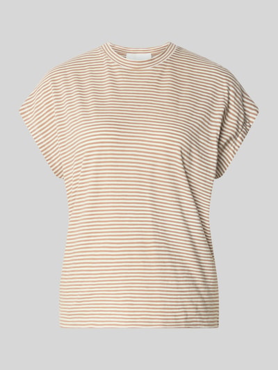 Produktfoto, Loose Fit T-Shirt aus reiner Baumwolle von Armedangels, Damen T-Shirt, feine beigen und weiße Streifen, glatte Baumwoll-Textur.