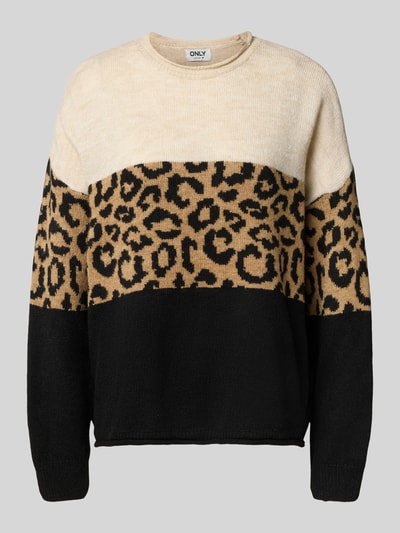 ONLY Sweter z dzianiny o kroju regular fit ze zrolowanym okrągłym dekoltem model ‘JADE’ Szarobrązowy melanż 2