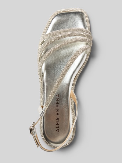 Produktfoto, Sandalette mit Ziersteinbesatz von ALMA EN PENA, beige-goldene Riemen, glatte Sohle, Dornschließe, Absatz 2 cm, Schaft 7 cm, Draufsicht