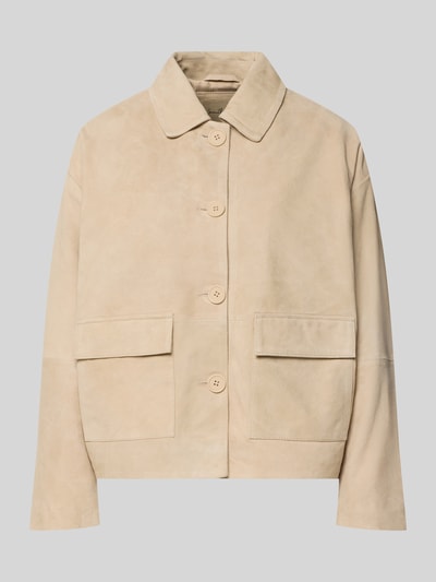 Produktfoto, Lederjacke mit Pattentaschen von Smith and Soul, beige, echtes Ziegenleder, Umlegekragen, große Knöpfe, strukturierte Oberfläche, relaxed Fit