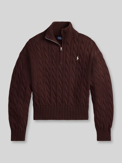 Produktfoto, Troyer mit Zopfstrickmuster von Polo Ralph Lauren in Braun, reine Baumwolle, Regular Fit, Stehkragen, elastische Abschlüsse
