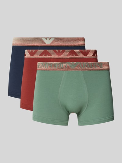 Produktfoto, Slim Fit Trunks aus Baumwoll-Mix im 3er-Pack von Emporio Armani in Grün, Rot und Blau mit elastischem Bund und Logo-Detail