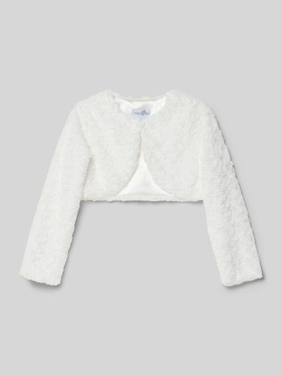 Produktfoto, Cropped Bolero mit Rundhalsausschnitt van Happy Girls, wit, zachte textuur, kindermodel, ruglengte 27 cm, schouderbreedte 39 cm, mouwlengte 46 cm.