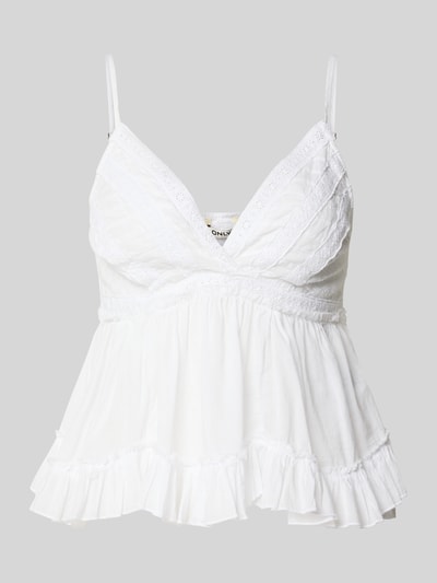 Produktfoto, weißes Slim-Fit Top aus reiner Baumwolle Modell 'TARIA' von Only, Damen Top, leichter Stoff mit Rüschen und feinen Nähten.