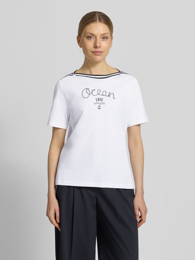 Marc Cain t-shirt z paski w kontrastowym kolorze i nadrukiem Biały 4