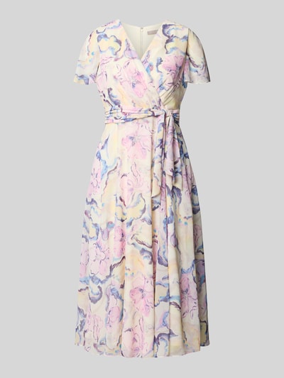 Produktfoto, Midikleid mit floralem Allover-Print von Christian Berg Cocktail mit pastellfarbenem Floraler-Print, Tailliert, V-Ausschnitt, Falten-Optik, Kurzärmelig, Abnehmbares Stoffband, Rückenlänge 115 cm, Brustweite 40 cm, Ärmellänge 21 cm, weiche fließende Textur