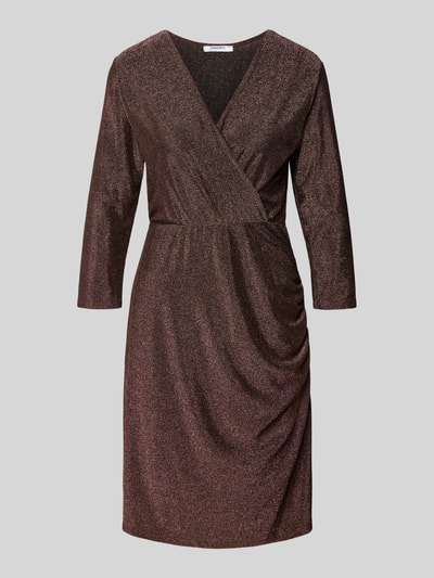 Produktfoto, połyskująca sukienka damska Knielanges Kleid mit V-Ausschnitt Modell 'Ji44niaa' od ZABAIONE, długość do kolan, kolor brązowy, materiał z domieszką stretchu, fason A-linia, dekolt V, długi rękaw