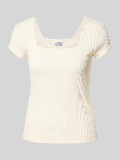 Produktfoto, T-Shirt in Ripp-Optik mit Karree-Ausschnitt von JAKE*S STUDIO WOMAN, cremefarben, schmale Passform, strukturierte Oberfläche