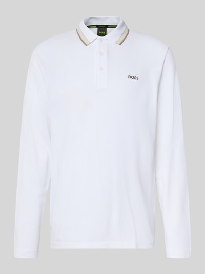 Produktfoto, Regular Fit Poloshirt aus reiner Baumwolle Modell 'Plisy' von BOSS Green in Weiß mit langen Ärmeln, dezentes Logo und glatter Struktur