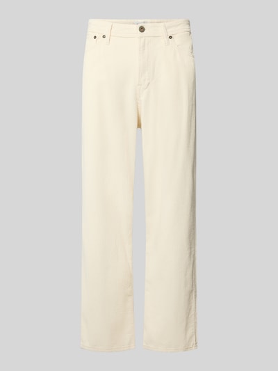 Produktfoto, Straight Leg Cordhose aus reiner Baumwolle Modell 'ALEX' von JACK & JONES in Creme, feine Rippenstruktur, 5-Pockets-Design, Gürtelschlaufen, Knopf- und Reißverschluss, Kontext: Herren Hose, Bundweite 45 cm, Innenbeinlänge 74 cm