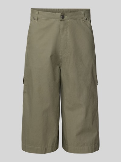 Produktfoto, proste oliwkowozielone szorty z bawełny z kieszeniami cargo, wpuszczanymi i tylnymi, model Straight Fit Shorts mit Cargo-Taschen Modell 'Camo' von KARL KANI, szerokość w rozmiarze M 41 cm, długość wewnętrzna nogawki w rozmiarze M 38 cm