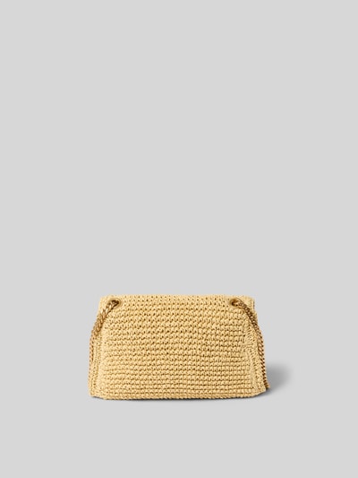 Produktfoto, Shoulder Bag in Flecht-Optik von Tory Burch aus beigem Material mit Ketten-Optik Schulterriemen und Logo-Detail, Maße 22x13x6 cm, Hauptfach mit Überschlag, Steckfach auf der Innenseite.