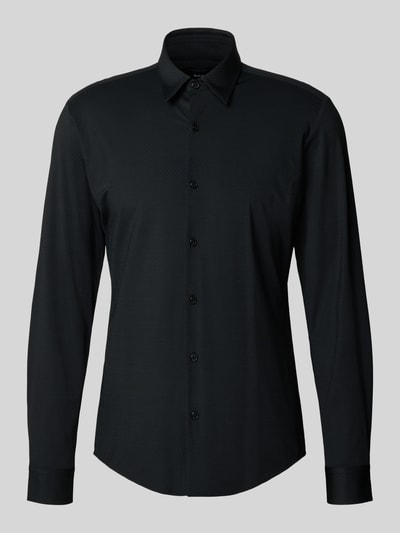 Produktfoto, Slim Fit Freizeithemd mit Kentkragen Modell 'ROAN' von BOSS, unifarben schwarz, langarm, Stretch, einreihige Knopfleiste.
