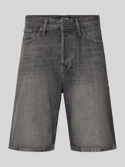 Produktfoto, Baggy Fit Jeansshorts mit Eingrifftaschen Modell 'ALEX' von Jack & Jones aus reiner Baumwolle, grau, mittlere Länge, klare Nähte, klassische Form, Bundweite 42 cm, Innenbeinlänge 26 cm.