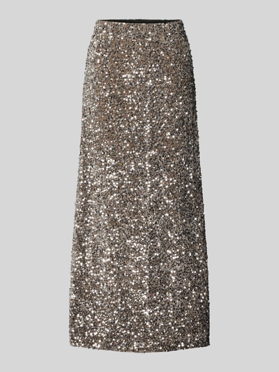 Produktfoto, Ausgestellter Midi-Rock mit Paillettenbesatz Modell 'SILVER SEQ' von Pieces w kolorze srebrnym, sametowa tekstura, połyskujące cekiny, fason taliowany, długość midi, jednolity, elastyczny pas