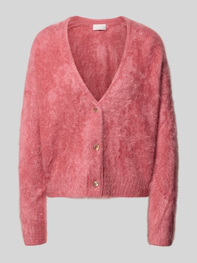 Produktfoto, Strickjacke aus reinem Kaschmir mit durchgängiger Knopfleiste von Hemisphere in Rosa mit gerippten Abschlüssen und langem Arm, relaxed Fit, weiche Textur, feiner Glanz
