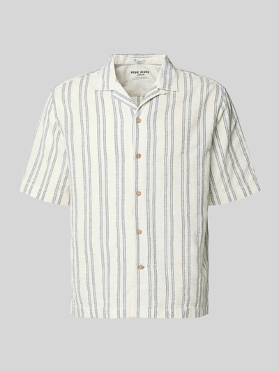 Produktfoto, Regular Fit Freizeithemd aus Baumwoll-Mix Modell 'PERSHORE' von Pepe Jeans mit Optik: Allover-Muster, gestreift, creme mit blauen Streifen, strukturierte Oberfläche, durchgehende Knopfleiste, Kurzarm, Resortkragen