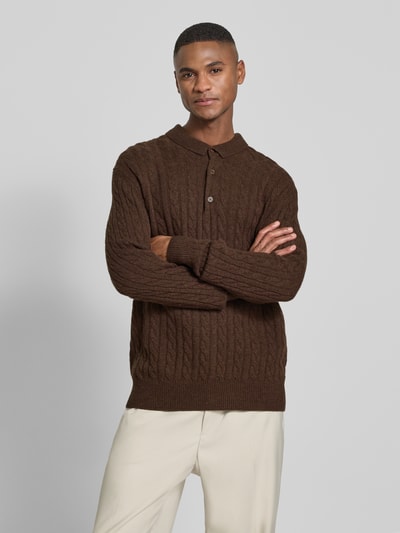 Lindbergh Sweter z dzianiny z mieszanki lnu z kołnierzykiem polo Ciemnobrązowy 4