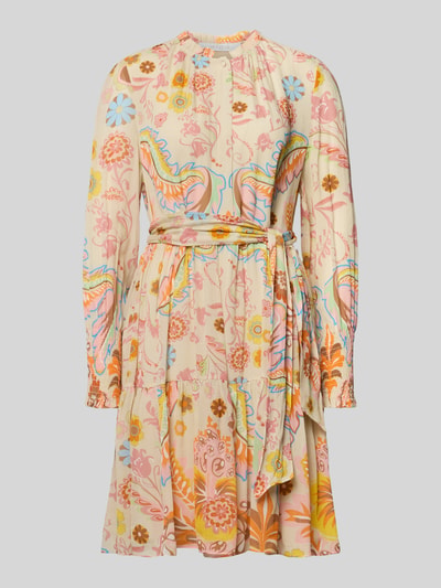 Produktfoto, Regular Fit Kleid mit floralem Allover-Print von HERZENS in Creme mit bunten Blumenmotiven, Stehkragen, langärmelig, Tailliert, elastische Ärmelabschlüsse, abnehmbares Stoffband, Knopfleiste, fließende Textur