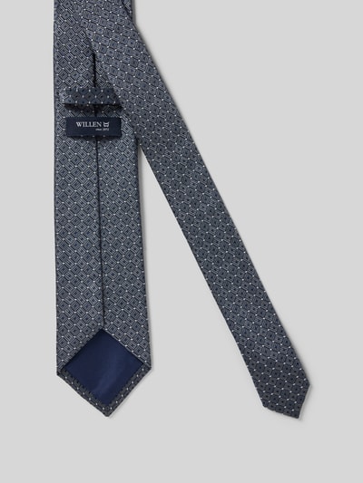 Productfoto, Krawatte aus Seide im Allover-Look (7,5 cm) van Willen, donkerblauw met geometrisch patroon, pure zijde, labeldetail, 7 cm breed.