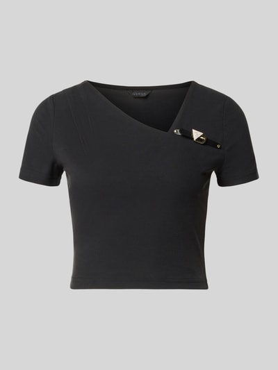 Produktfoto, Damen T-Shirt von GUESS, Slim-Fit, Cropped, Modell 'KAROLE', asymmetrischer Ausschnitt, schwarz, glatte Textur