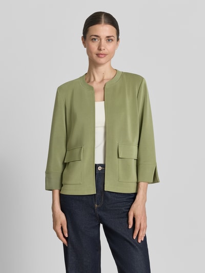 Frauenmodel trägt Relaxed Fit Scuba-Jacke aus Modal-Mix von s.Oliver RED LABEL, Optik: Unifarben, Pattentaschen, Schalkragen, Ganzkörperansicht von vorne.