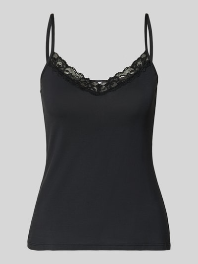 Produktfoto, Slim Fit Top mit Spitzenbesatz von Skiny, czarny top z mieszanki mikromodalu, krój slim fit, obszycie koronką, cienkie ramiączka