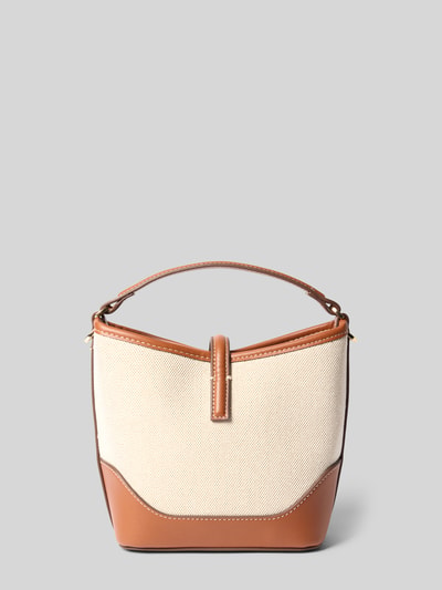 Produktfoto, Bucket-Bag in Flecht-Optik von Mango, Hauptfach mit Schnallenverschluss, Abnehmbare Schulterriemen, Verstellbarer Trageriemen, Breite 20 cm, Länge 19 cm, Tiefe 11 cm, Schulterriemen 111 cm, Farben Beige und Braun, Textur strukturiert und glatt