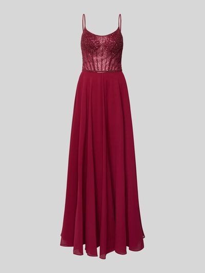 Produktfoto, Abendkleid mit Pailletten von Hey Kyla in Dunkelrot, Chiffon, taillierter Schnitt, Maxikleid, Rundhalsausschnitt, Spaghettiträger, schimmernde Textur oben, fließender Stoff unten, Größe 36: Rückenlänge 154 cm, Brustweite 32 cm.