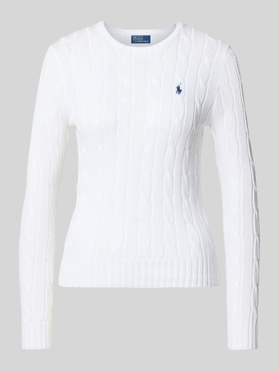 Produktfoto, weißer Slim Fit Pullover aus reiner Baumwolle von Polo Ralph Lauren, Struktur mit grobem Strickmuster, Damen Pullover