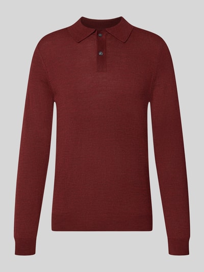 Produktfoto, Regular Fit Poloshirt aus Woll-Mix von Christian Berg Men in Dunkelrot mit Polokragen und gerippten Abschlüssen, klare Strickstruktur