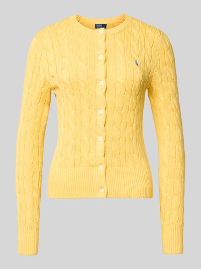 Produktfoto, Regular Fit Strickjacke aus reiner Baumwolle von Polo Ralph Lauren in Gelb, Zopfstrick, Logo-Stitching, strukturierte Optik