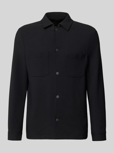Produktfoto, Regular Fit Overshirt mit Brusttaschen von MCNEAL aus schwarzem Material-Mix mit Stretch-Anteil, Kentkragen, Druckknopfverschluss, Sportmanschetten, Rückenlänge 73 cm bei Größe M.