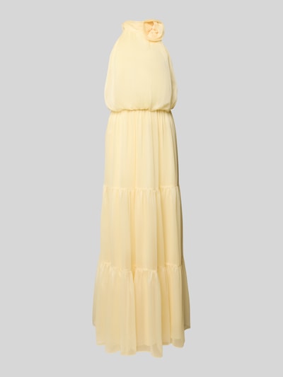 Produktfoto, Abendkleid mit floraler Applikation von Swing aus zartem Chiffon, Maxikleid, taillierter Schnitt, Volantsaum, zarte gelbe Farbe