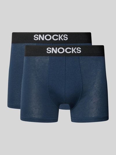 Produktfoto, Trunks mit Logo und elastischem Bund im 2er-Pack von Snocks, dunkelblau, Baumwoll-Elasthan-Mix, Körpernahe Passform