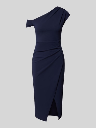 Productfoto, Slim Fit Kleid in asymmetrischem Design van Lipsy, donkerblauw, elastische stof, one-shoulder, plooien, loopsplit, 113 cm ruglengte, 34 cm borstwijdte