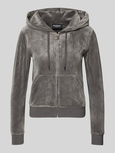 Produktfoto, Sweatjacke mit Label-Stitching Modell 'ROBERTSON' von Juicy Couture, grauer Material-Mix mit Stretch-Anteil, Regular Fit, Kapuze mit Tunnelzug, Reißverschluss, Känguru-Tasche