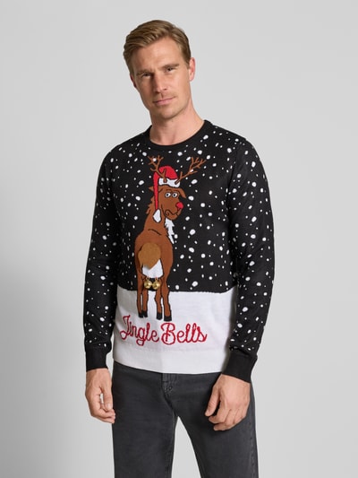 Lindbergh Gebreide pullover in all-over look met ronde hals Zwart - 4