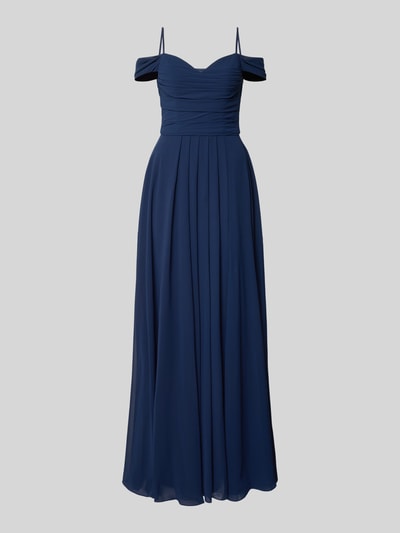 Produktfoto, Maxikleid im Off-Shoulder-Look mit Gehschlitz von Mascara in Dunkelblau, A-Linie, Drapierungen, Rückenlänge 128 cm, Brustweite 33 cm