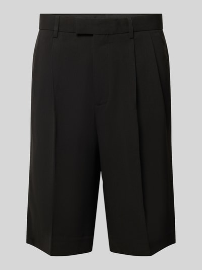 Produktfoto, Straight Fit Shorts mit Viskose-Anteil von Lindbergh für Herren, Schwarz, Bundfalten, Gesäßtaschen, Elastischer-Material-Mix, Haken-Reißverschluss, Bundweite 44 cm, Innenbeinlänge 30 cm, glatte Oberfläche