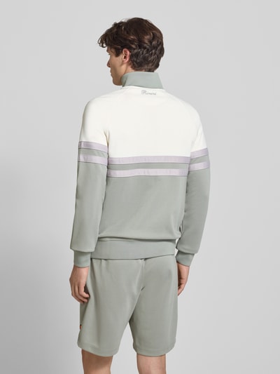 Männermodel trägt Trainingsjacke mit Label-Patch und Stehkragen Modell 'RIMINI' von ellesse im Baumwoll-Mix, Regular-Fit, Rückenansicht.