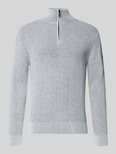 Produktfoto, Regular Fit Troyer aus Baumwoll-Mix von Tom Tailor in Optik: Unifarben und Strickoptik mit Label-Stitching-Applikation, Reißverschluss, Langarm, gerippter Ärmel- und Rumpfabschluss, Materialverarbeitung: Strick, Material: Baumwoll-Mix